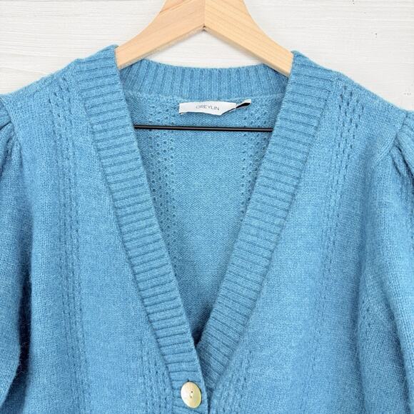 Anthropologie Greylin Puff Short Sleeve Cardigan Sweater Large Teal Romantic - Picture 3 of 13